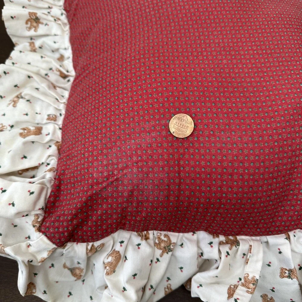 Vintage Christmas Quilted Pillow Handmade Throw Pillow Shabby Cottage Bear Red